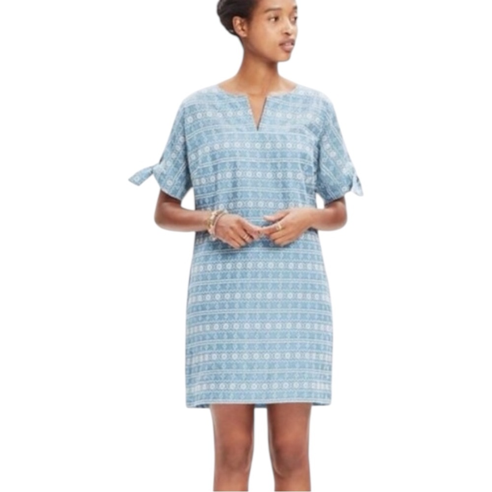 Madewell Blue and White‎ V-Neck Sheath Dress Embroidered Bow Tie Sleeves
